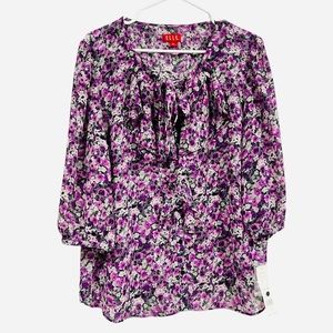 NWT ELLE Purple Floral 3/4 Sleeve Peasant Button Up Neck Tie Chiffon top sz L